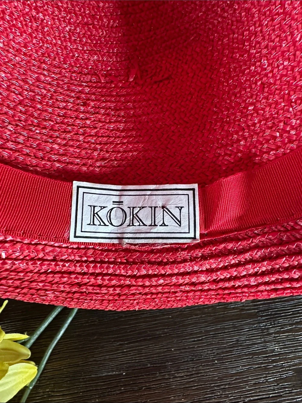 Kokin Vintage Red Straw Hat with Coral Beaded Band
